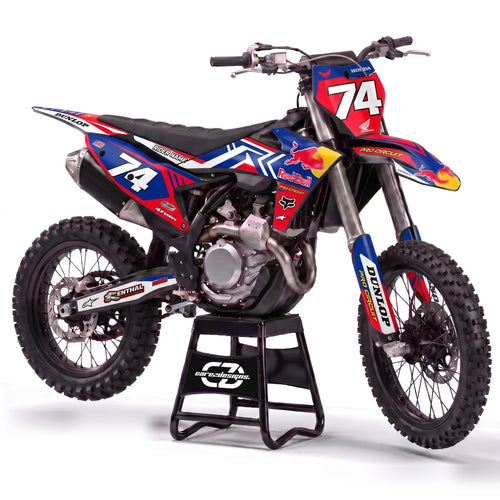 Kit adhesivos motocross Honda - Royal Blue, en azul, rojo y blanco con dorsal 74