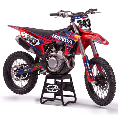 Kit adhesivos motocross Honda - Vibe Red, en rojo y azul con dorsal 343