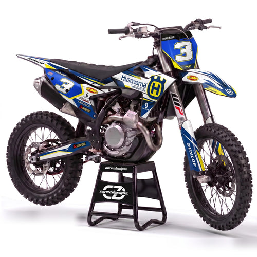 Kit adhesivos motocross Husqvarna - Factory Blue, en azul, blanco y amarillo con dorsal 3