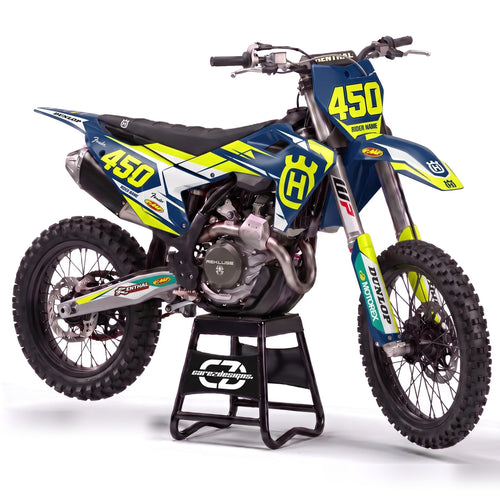 Kit adhesivos motocross Husqvarna - Navy Volt, en azul marino y amarillo fluor con dorsal 450