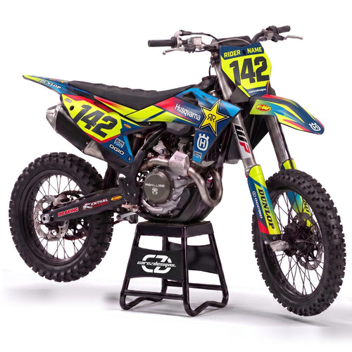 Kit adhesivos motocross Husqvarna - Neon Star, en amarillo, azul y rosa con dorsal 142