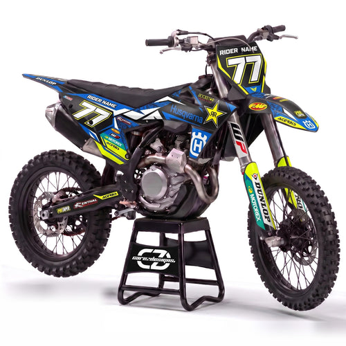 Kit adhesivos motocross Husqvarna - Night Star, en negro y amarillo con dorsal 77