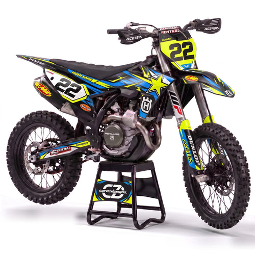 Kit adhesivos motocross Husqvarna - Star Blue, en negro, azul y amarillo con dorsal 22