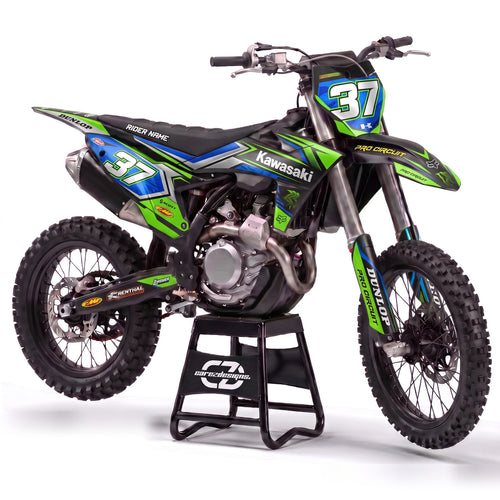 Kit adhesivos motocross Kawasaki - Circuit Green, en verde, azul y negro con dorsal 37