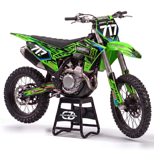 Kit adhesivos motocross Kawasaki - Full Green, en verde intenso con dorsal 717