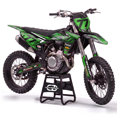Kit adhesivos motocross Kawasaki - Green Stripe, en verde y negro con franjas y dorsal 77