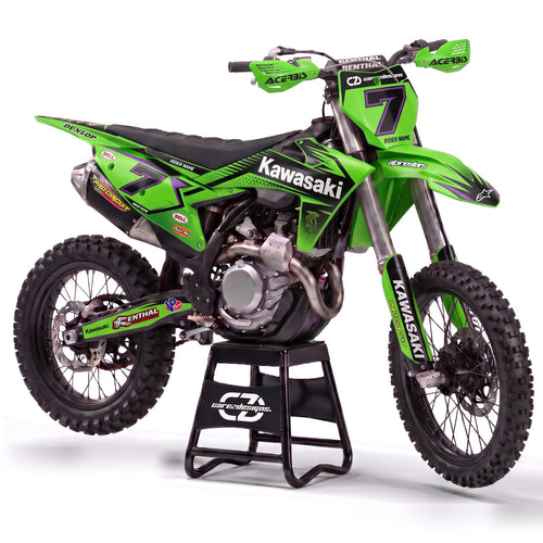 Kit adhesivos motocross Kawasaki - Lime Factory, en verde lima integral con dorsal 7