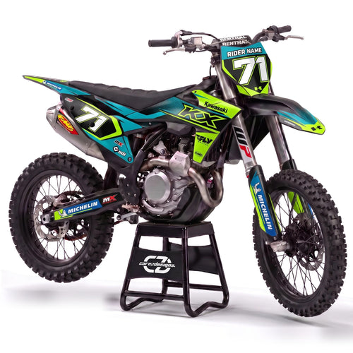 Kit adhesivos motocross Kawasaki - Teal Lime, en turquesa, verde lima y negro con dorsal 71