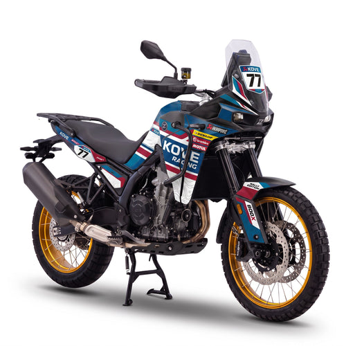 Kove 800X con kit de adhesivos Racing Blue en azul, blanco y rojo con dorsal 77