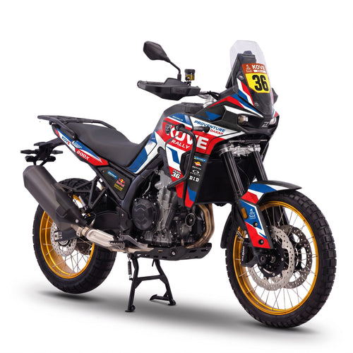 Kove 800X con kit de adhesivos Tricolor Rally en azul, blanco y rojo con dorsal 36