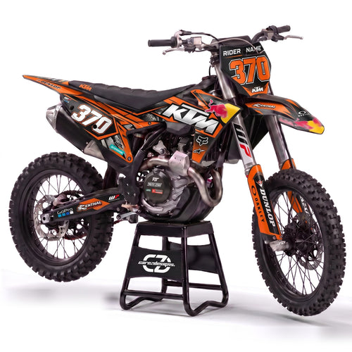 Kit adhesivos motocross KTM - Factory Orange, en naranja y negro con dorsal 370