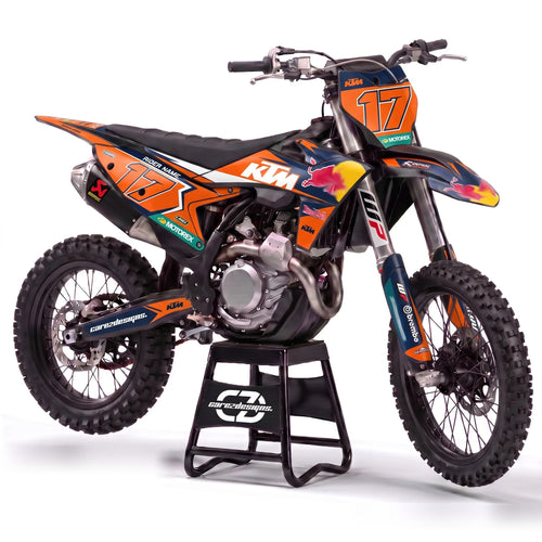Kit adhesivos motocross KTM - Orange Sprint, en naranja, negro y azul con dorsal 17
