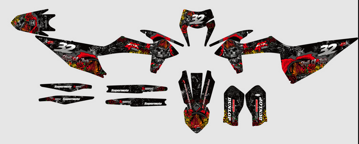 Plantilla del kit de adhesivos KTM Supermoto - Skull Roses, piezas troqueladas