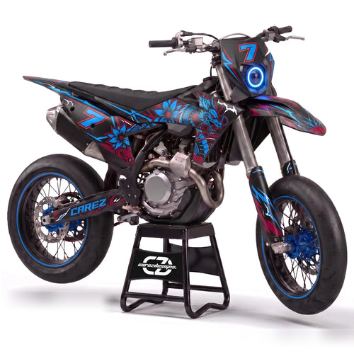 Kit adhesivos supermoto - Azure, negro y azul con motivos florales y dorsal 7