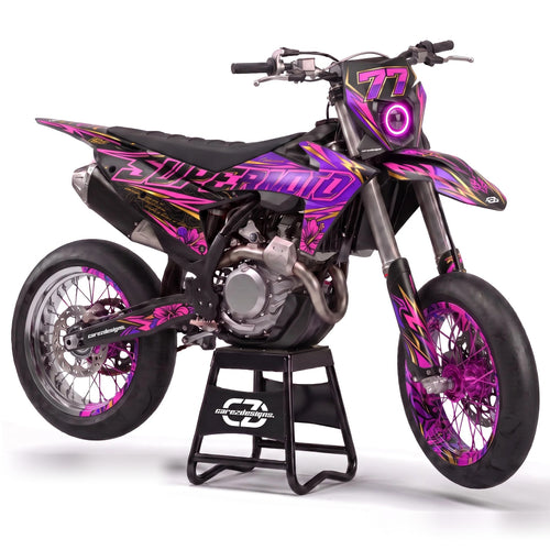 Kit adhesivos supermoto - Bloom, negro y magenta con motivos florales y dorsal 77