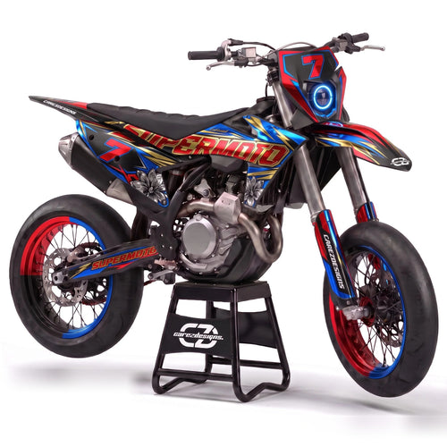 Kit adhesivos supermoto - Bolt, rojo, azul y amarillo con rayos y dorsal 7