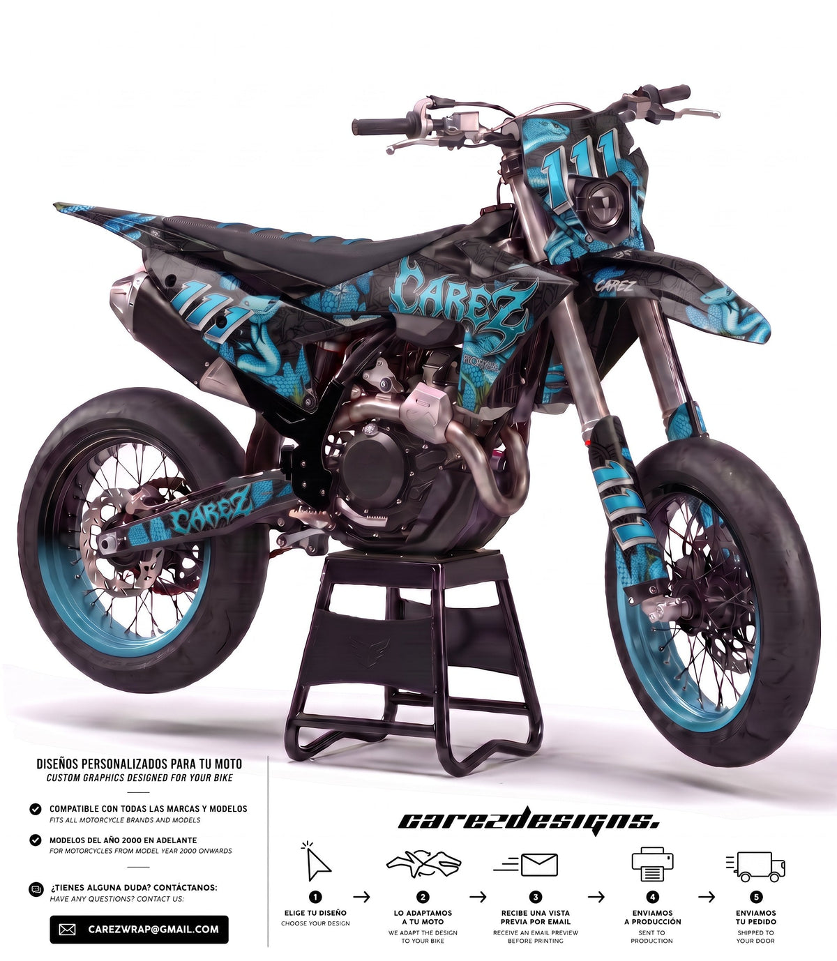 Moto supermoto con kit de adhesivos Cipher en negro y turquesa con grafitis y dorsal 111
