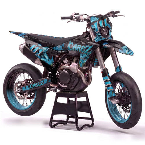 Kit adhesivos supermoto - Cipher, negro y turquesa con grafitis y dorsal 111