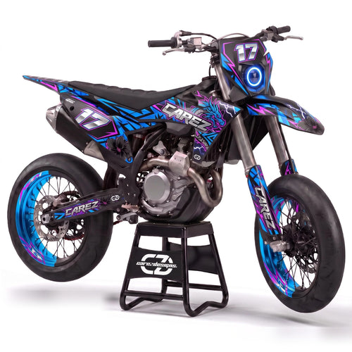 Kit adhesivos supermoto - Dragon, azul y violeta con un dragon y dorsal 17