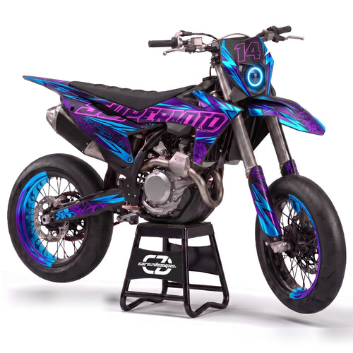 Kit adhesivos supermoto - Eclipse, azul y violeta con rayos y dorsal 14