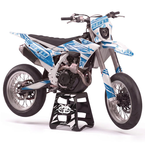 Kit adhesivos supermoto - Frost, blanco y azul con grafismos abstractos y dorsal 250