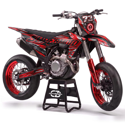 Kit adhesivos supermoto - Inferno, negro y rojo con llantas rojas y dorsal 73