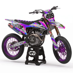 Kit adhesivos supermoto Splash - gris con salpicaduras rosa, violeta y azul y dorsal 499