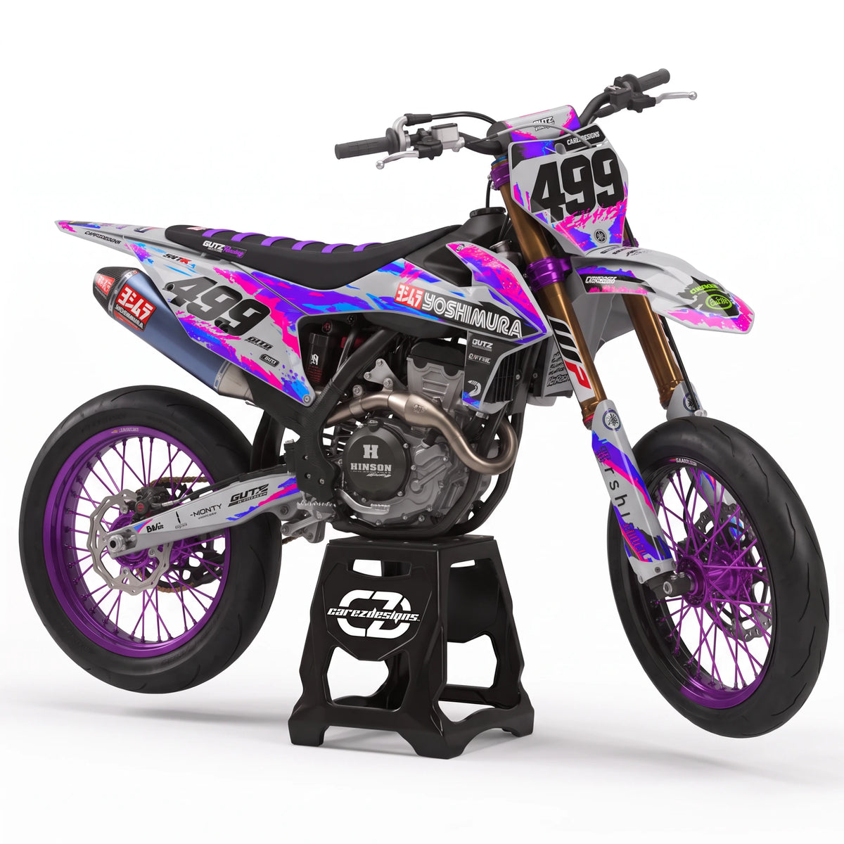 Kit adhesivos supermoto Splash - gris con salpicaduras rosa, violeta y azul y dorsal 499