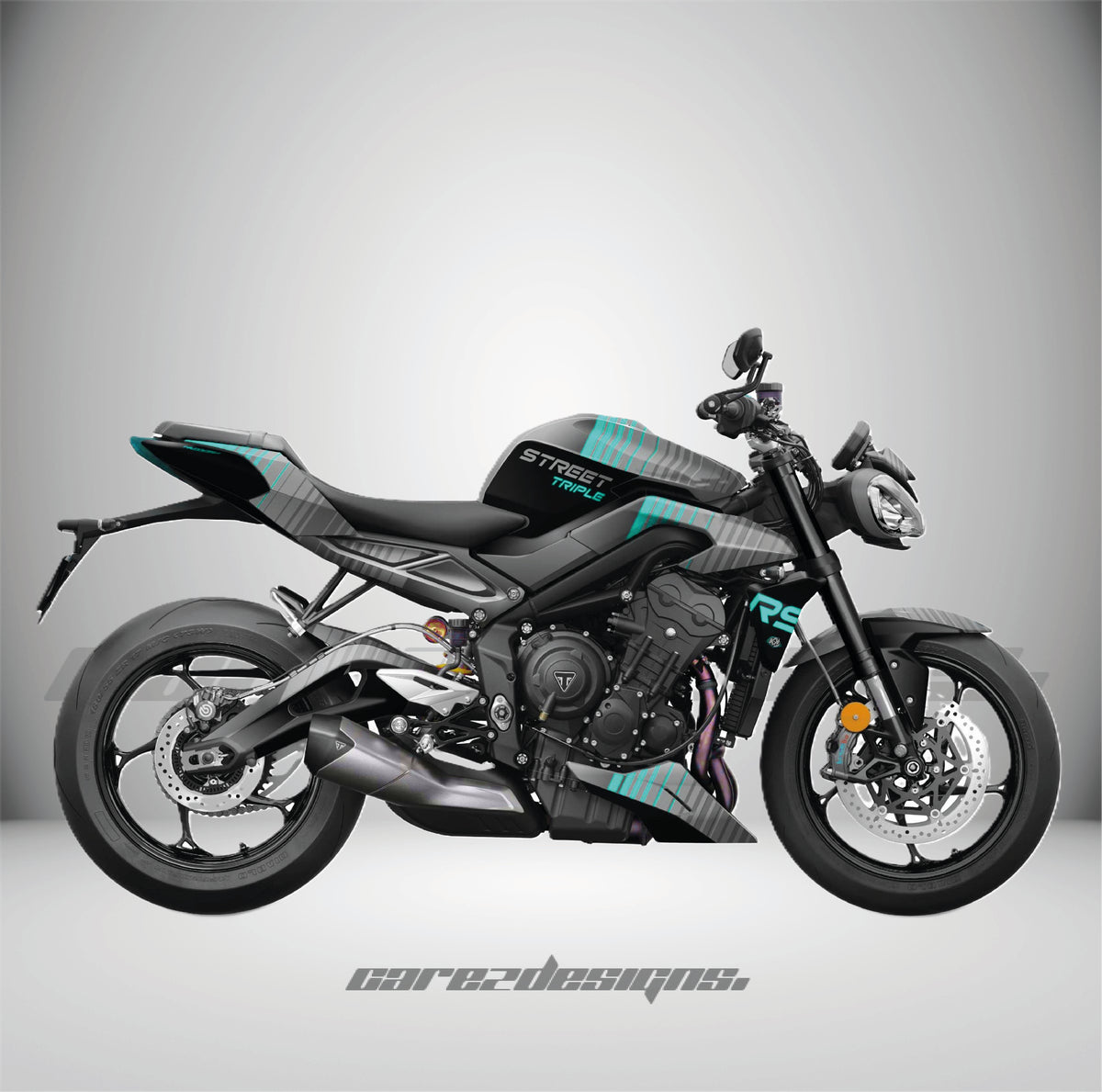 Kit adhesivos Triumph Street Triple 765 RS (2023-2026) - Cyber Cyan montado, foto real
