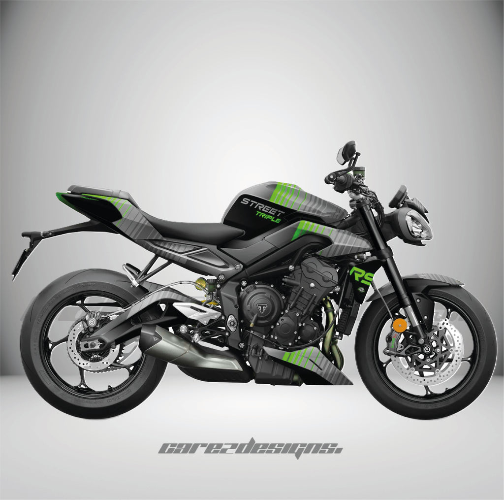 Kit adhesivos Triumph Street Triple 765 RS (2023-2026) - Cyber Green montado, foto real