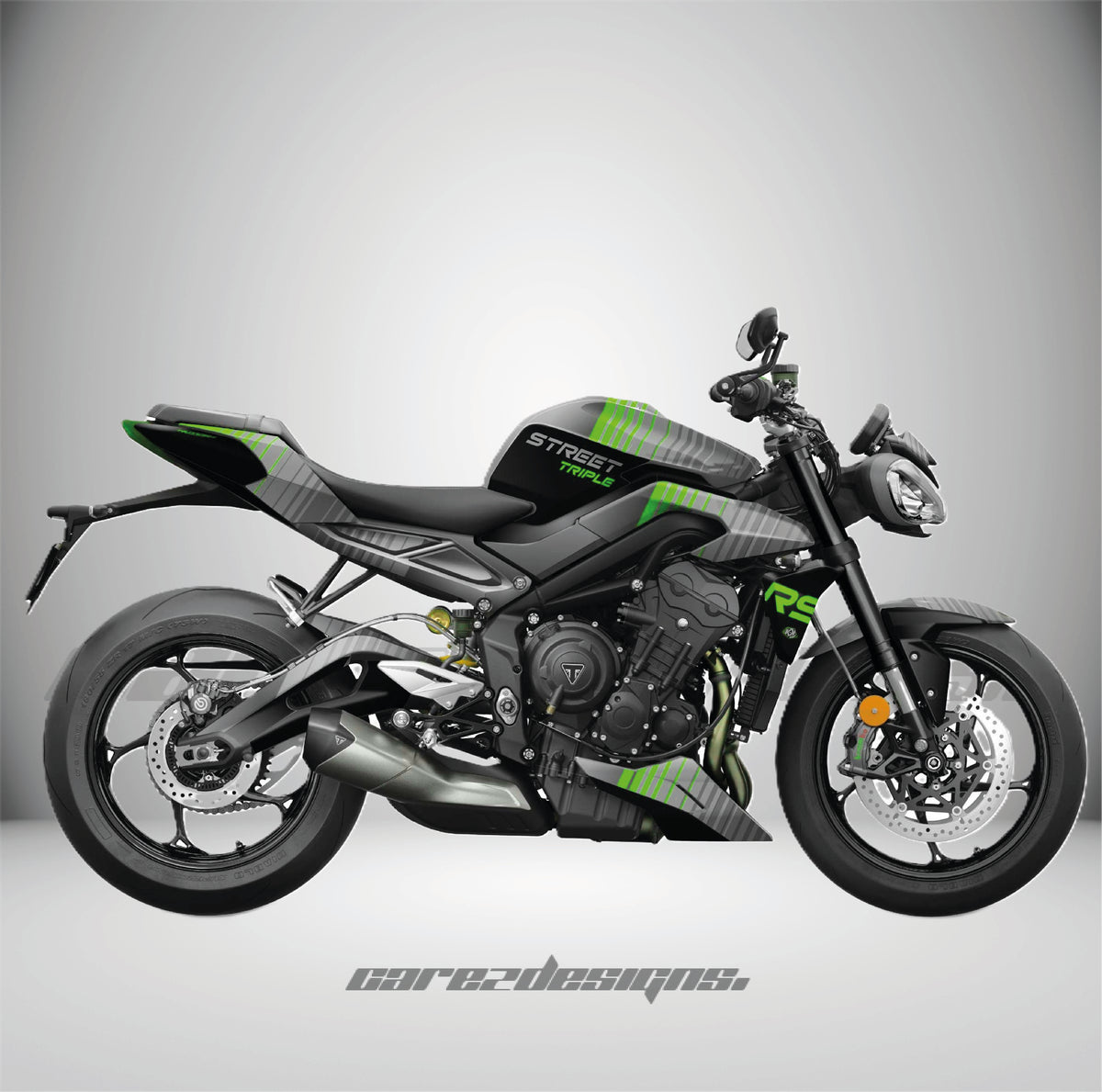 Kit adhesivos Triumph Street Triple 765 RS (2023-2026) - Cyber Green montado, foto real