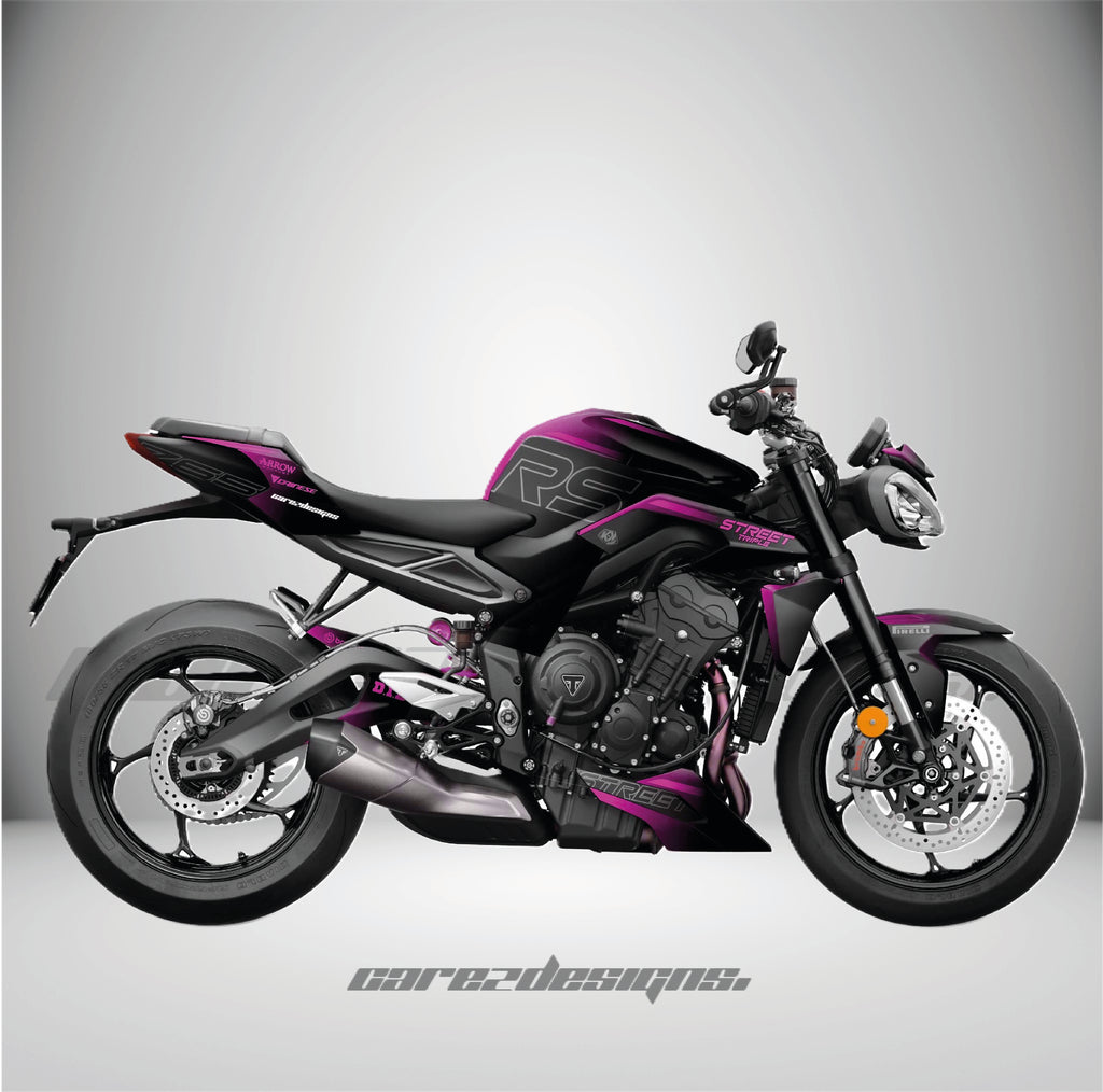 Kit adhesivos Triumph Street Triple 765 RS (2023-2026) - Fury Pink montado, foto real