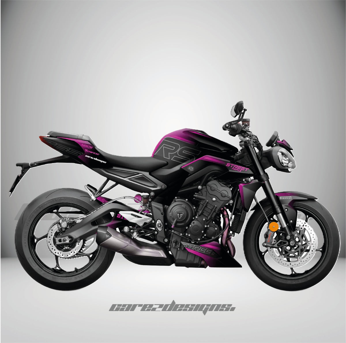 Kit adhesivos Triumph Street Triple 765 RS (2023-2026) - Fury Pink montado, foto real