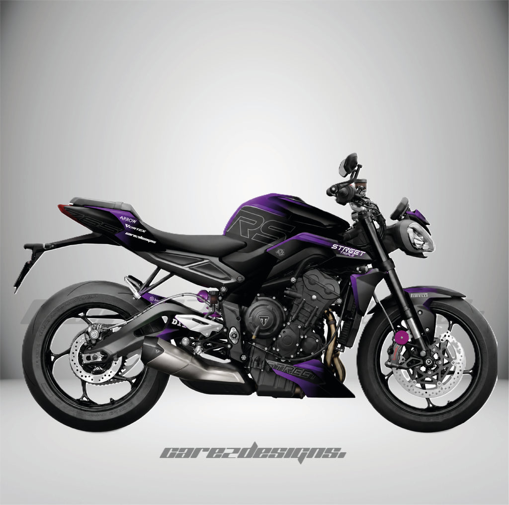 Kit adhesivos Triumph Street Triple 765 RS (2023-2026) - Fury Purple montado, foto real