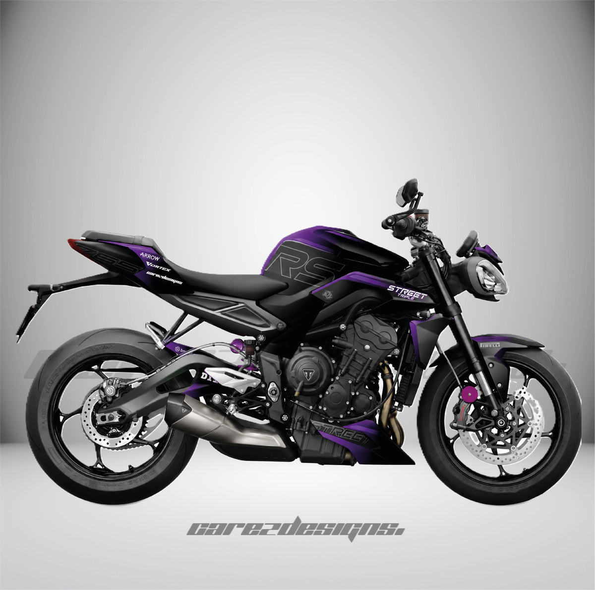 Kit adhesivos Triumph Street Triple 765 RS (2023-2026) - Fury Purple montado, foto real
