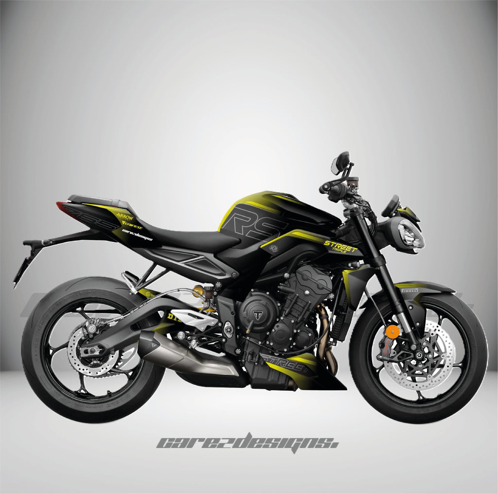 Kit adhesivos Triumph Street Triple 765 RS (2023-2026) - Fury Yellow montado, foto real