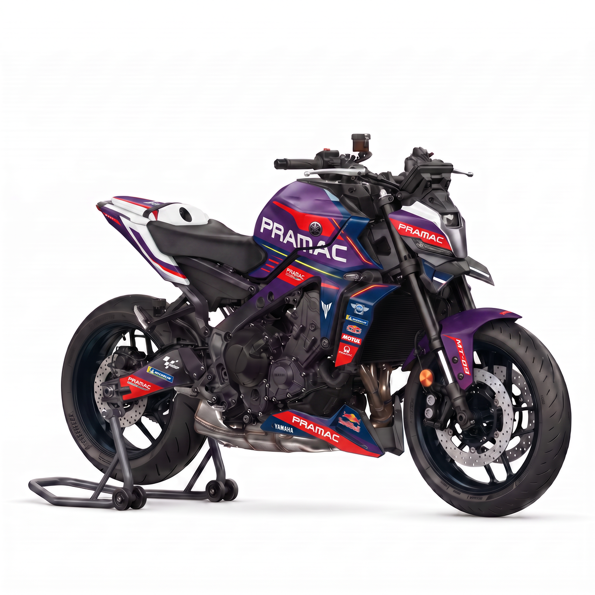 Kit de pegatinas Pramac Morado montado en una Yamaha MT-09