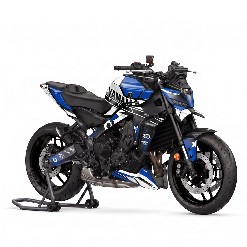 Yamaha MT-09 con kit de pegatinas azul y blanco, vista lateral en estudio