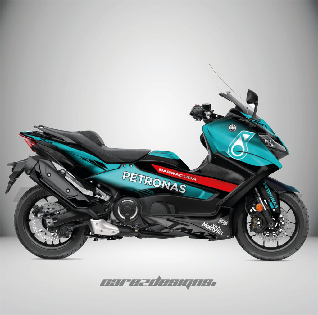 Detalle del kit de pegatinas Petronas montado en una Yamaha TMAX