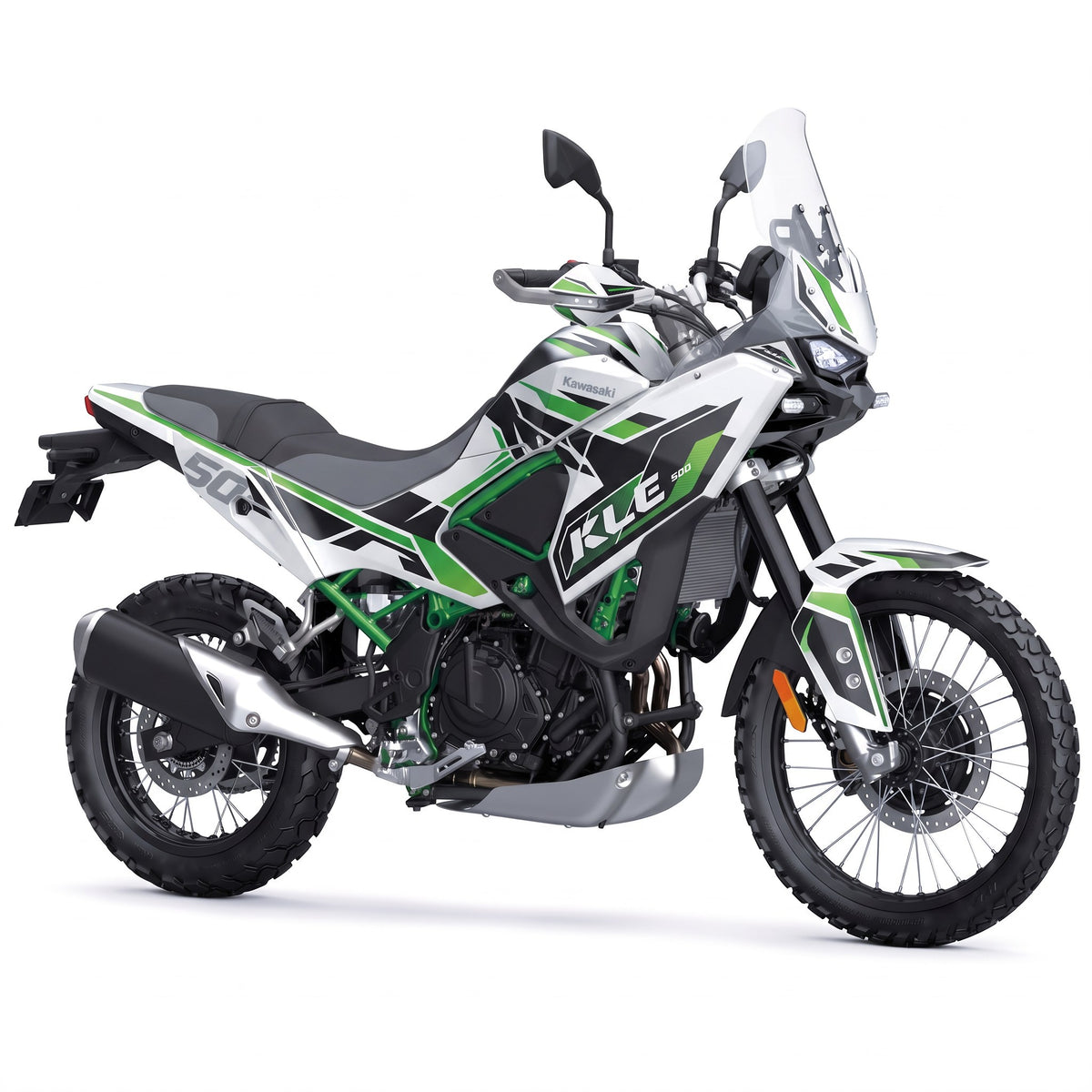 Kit vinilos Kawasaki KLE500 (2026) - Arctic Green, vista tres cuartos