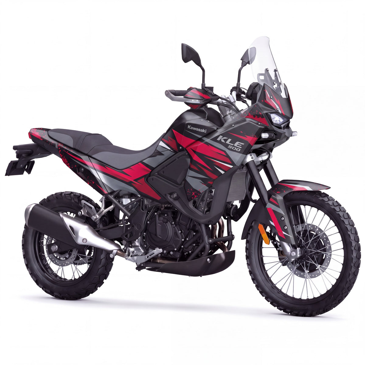 Kit vinilos Kawasaki KLE500 (2026) - Crimson Rush, vista tres cuartos
