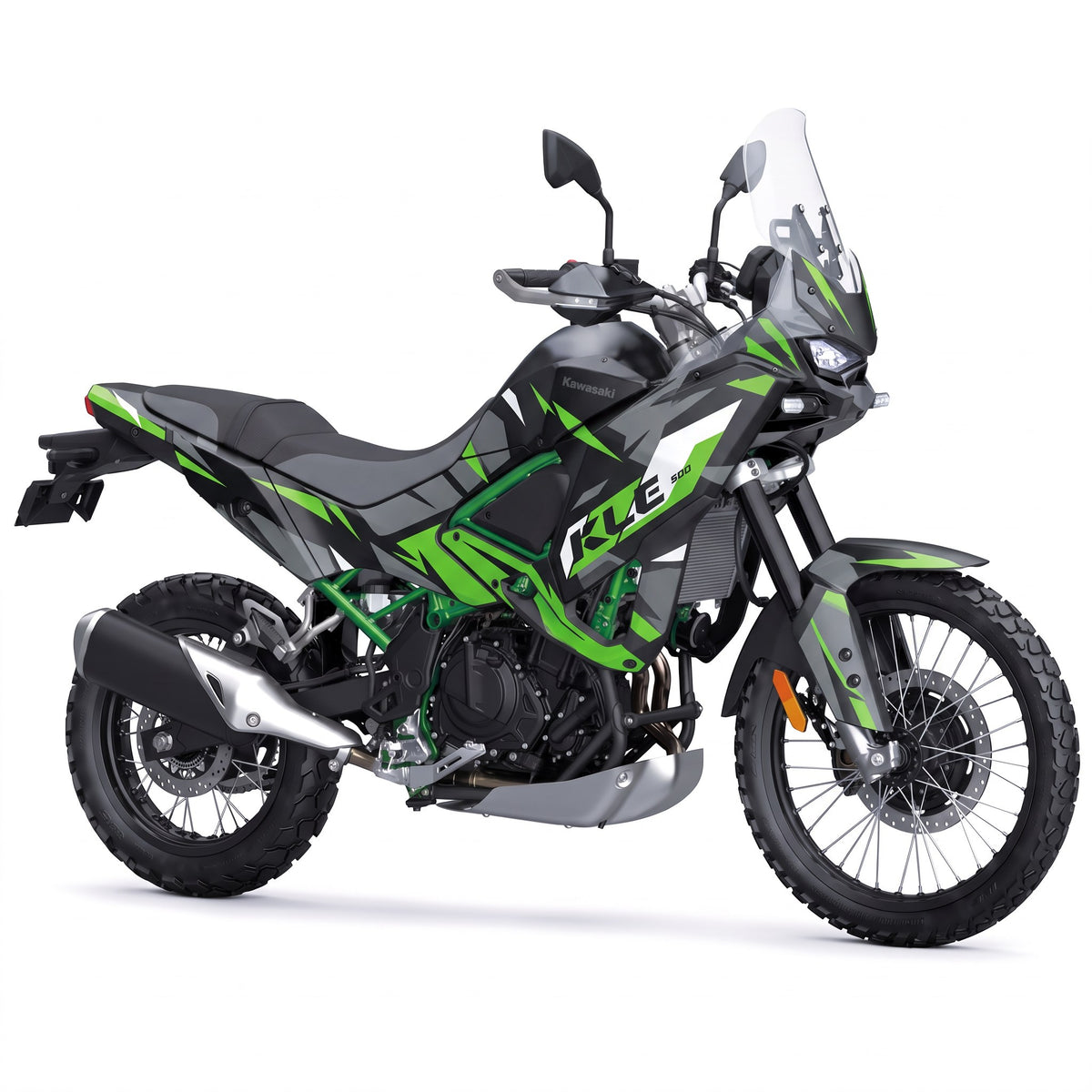 Kit vinilos Kawasaki KLE500 (2026) - Green Strike, vista tres cuartos