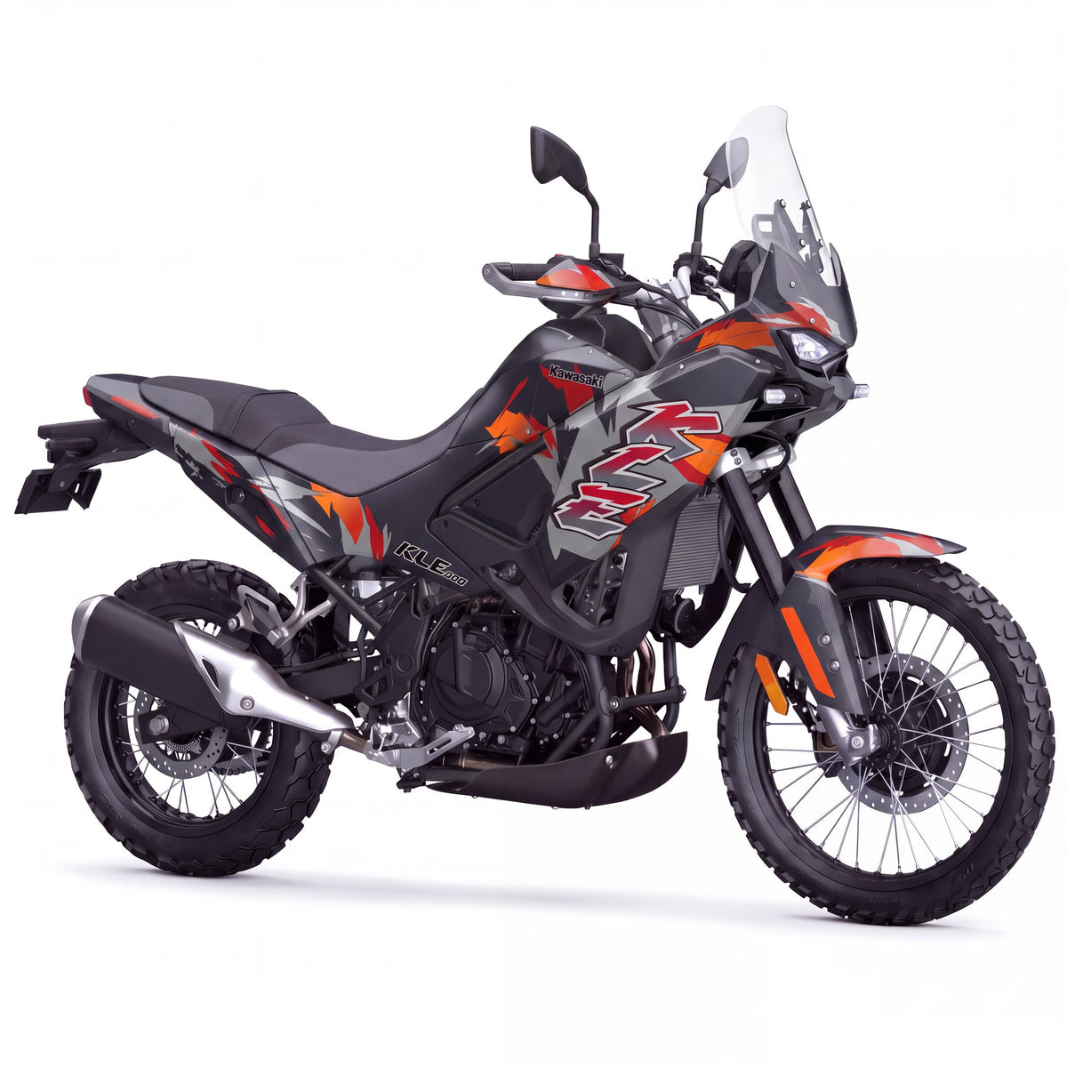 Kit vinilos Kawasaki KLE500 (2026) - Retro Fire, vista tres cuartos