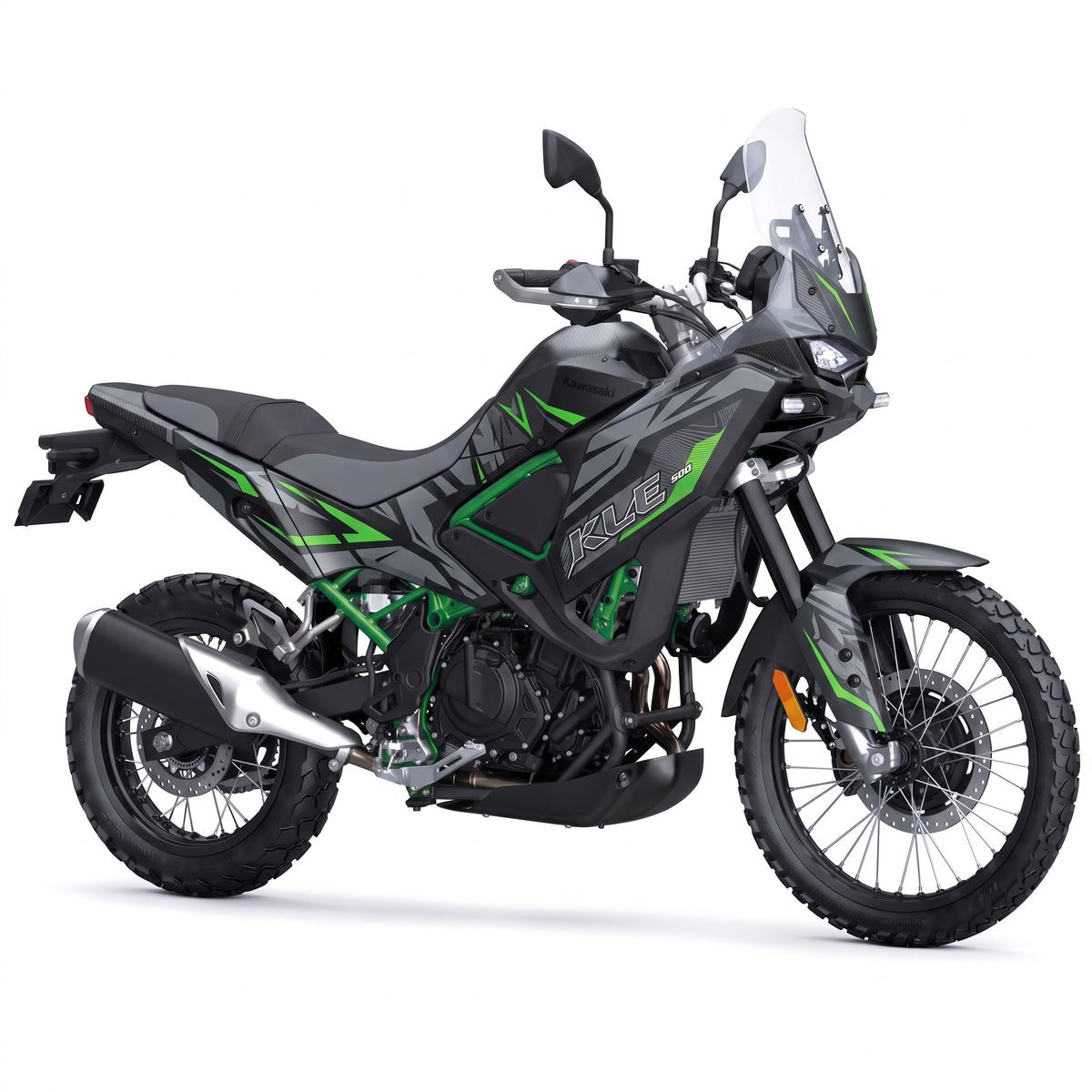 Kit vinilos Kawasaki KLE500 (2026) - Stealth Green, vista tres cuartos