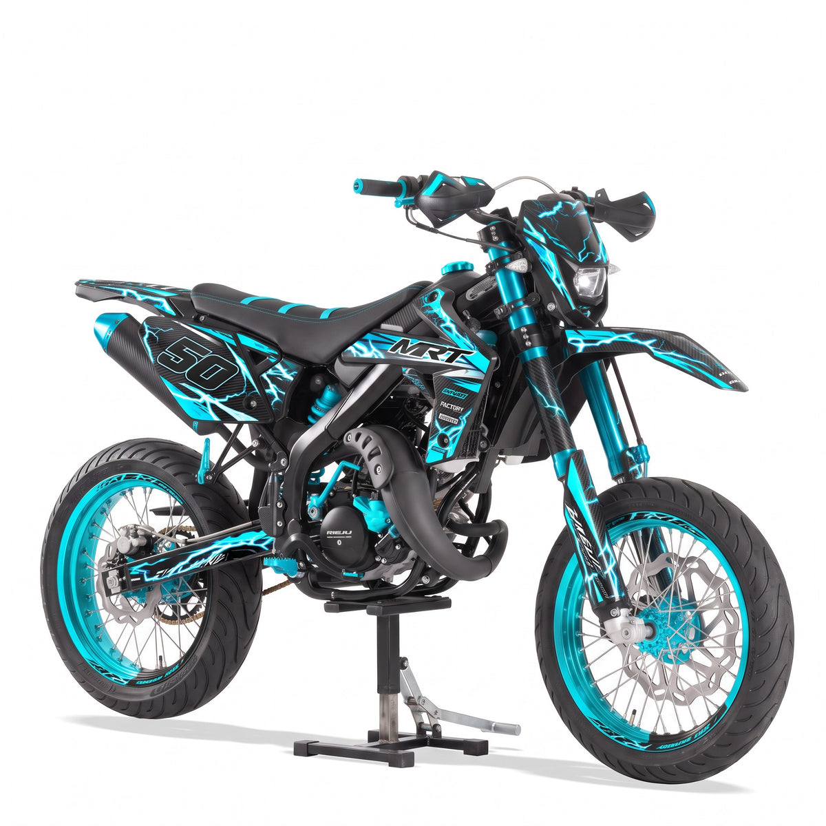 Kit vinilos Rieju MRT 50 (2009-2021) - Cyan Storm, vista tres cuartos