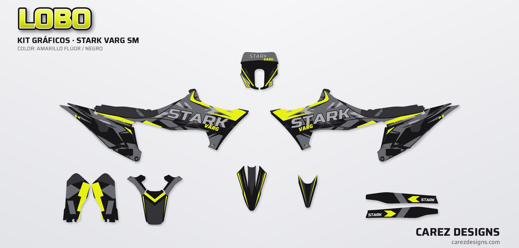 Piezas del kit de vinilos Stark Varg SM (2026) - Lobo Amarillo Flúor y Negro