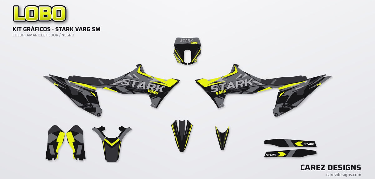 Piezas del kit de vinilos Stark Varg SM (2026) - Lobo Amarillo Flúor y Negro
