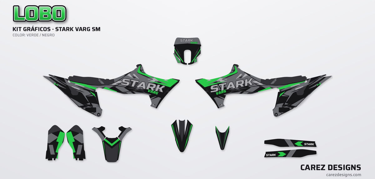 Piezas del kit de vinilos Stark Varg SM (2026) - Lobo Verde y Negro