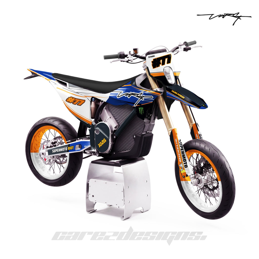 Kit vinilos Stark Varg SM (2026) - Riot Azul y Naranja, vista lateral