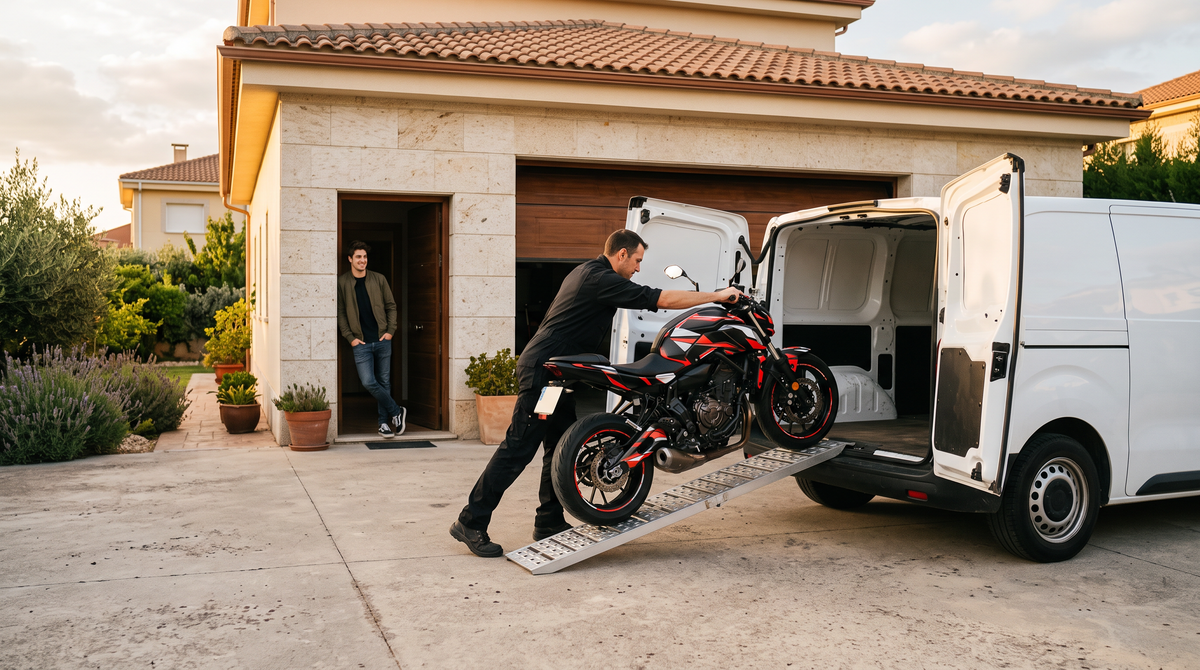 Motorcycle being loaded into a van for Carez Designs' door-to-door pickup and delivery service